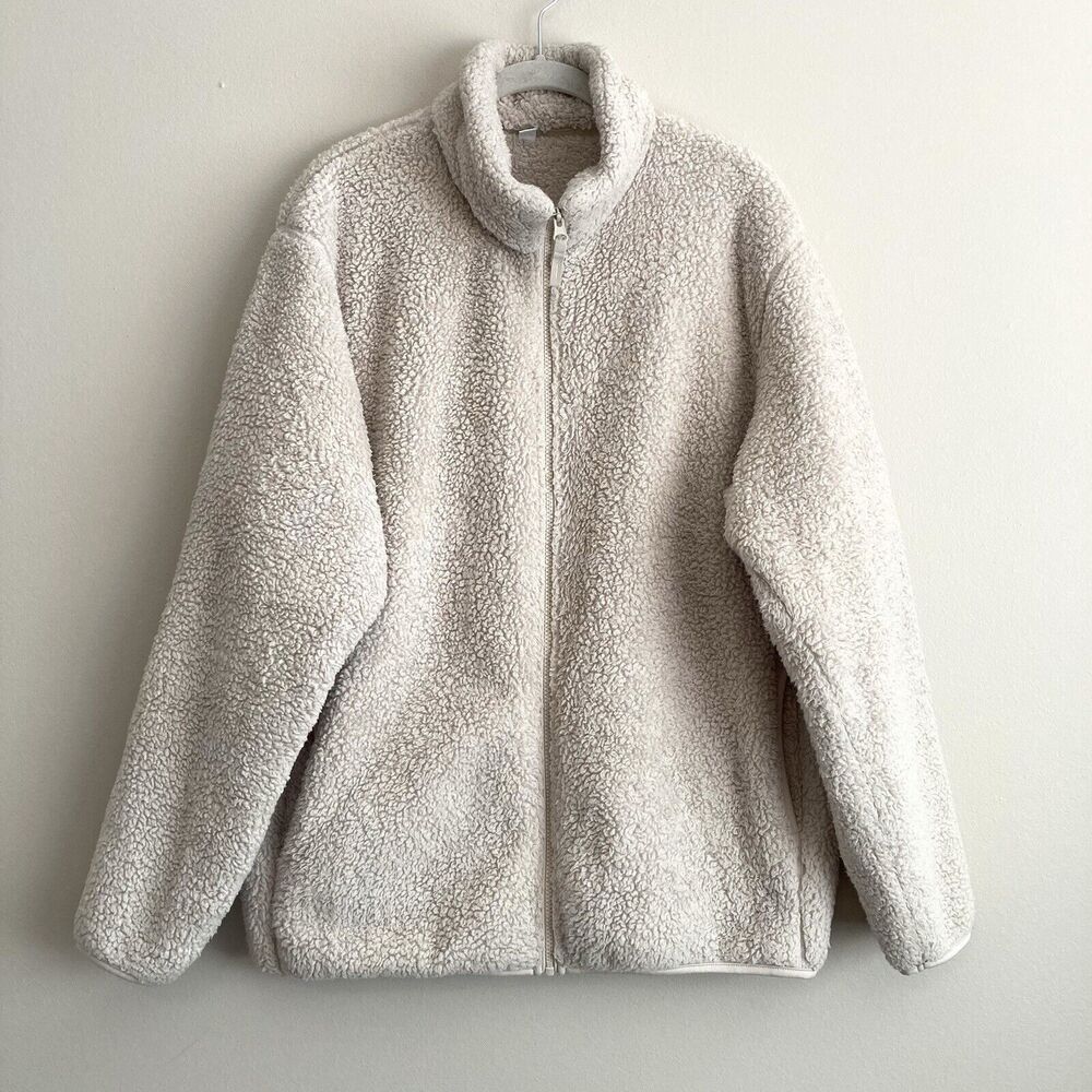 Uniqlo Fluffy Yarn Fleece Full Zip Jacket Womens Large Cream Ivory Soft Teddy